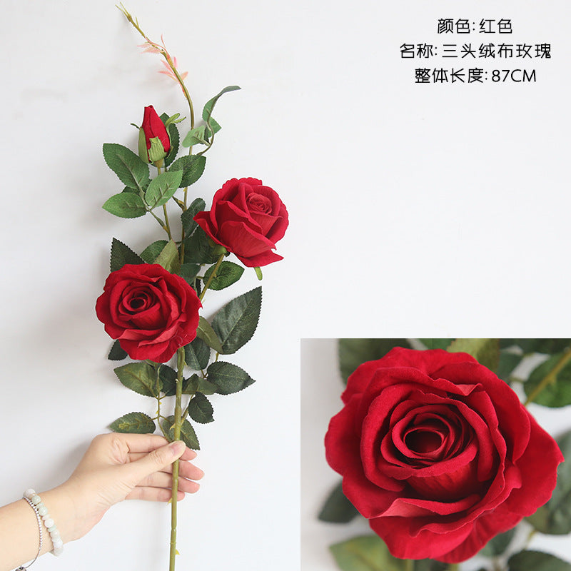 Three-headed velvet rose/silk rose/artificial rose/velvet rose & oud/best for home decoration wedding decorstion MW03333