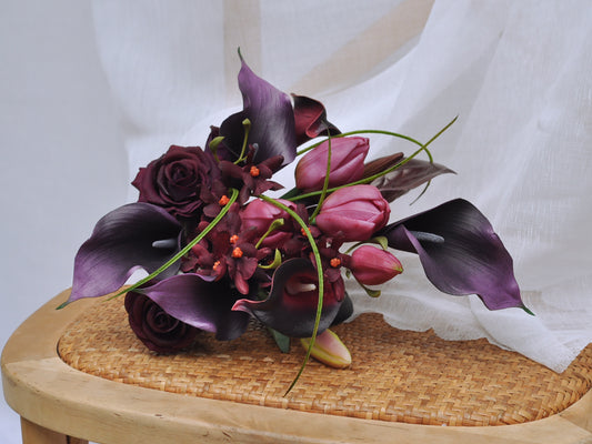 Real touch black purple tulip calla lily bouquet, best for home/office/bath/table/centerpiece ,gift for her