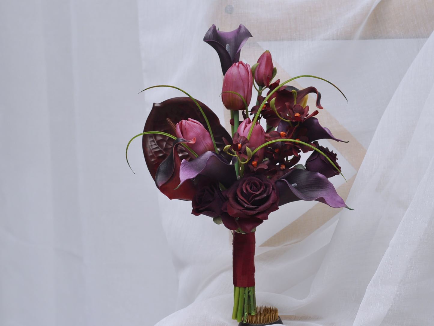 Real touch black purple tulip calla lily bouquet, best for home/office/bath/table/centerpiece ,gift for her