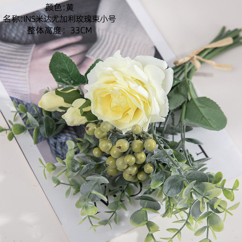 Silk rose bouquets/plastic eucalyptus bouquet/INS style rose bouquet best for home decoration wedding bouquet work DY1-2299