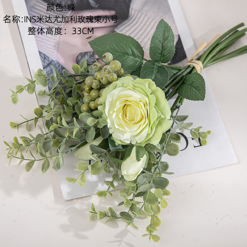 Silk rose bouquets/plastic eucalyptus bouquet/INS style rose bouquet best for home decoration wedding bouquet work DY1-2299