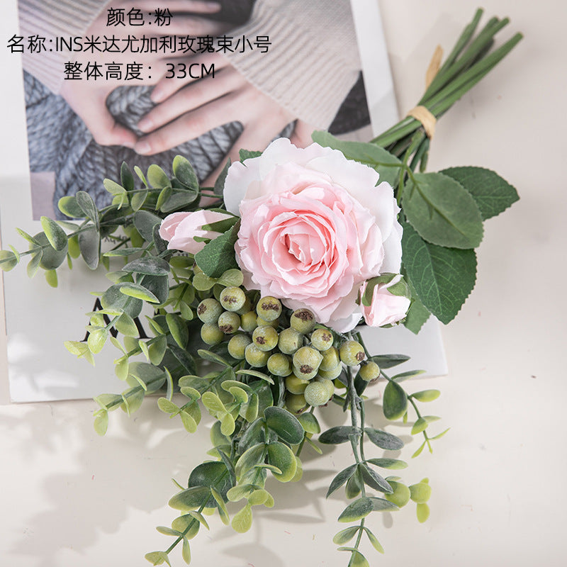 Silk rose bouquets/plastic eucalyptus bouquet/INS style rose bouquet best for home decoration wedding bouquet work DY1-2299