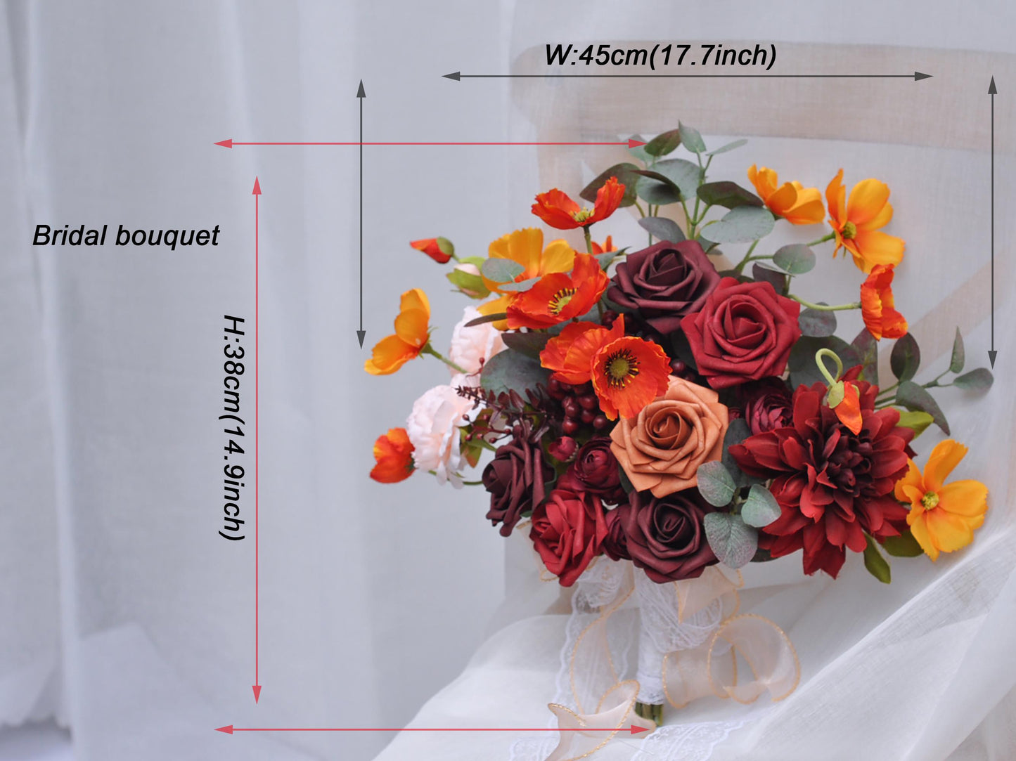 Fall Burgundy Red Wildflower Bouquet Collection - Boho Wildflower Bridal Bouquet, Foam Rose, Poppy, Peony, Eucalyptus, Berry, Dahlia