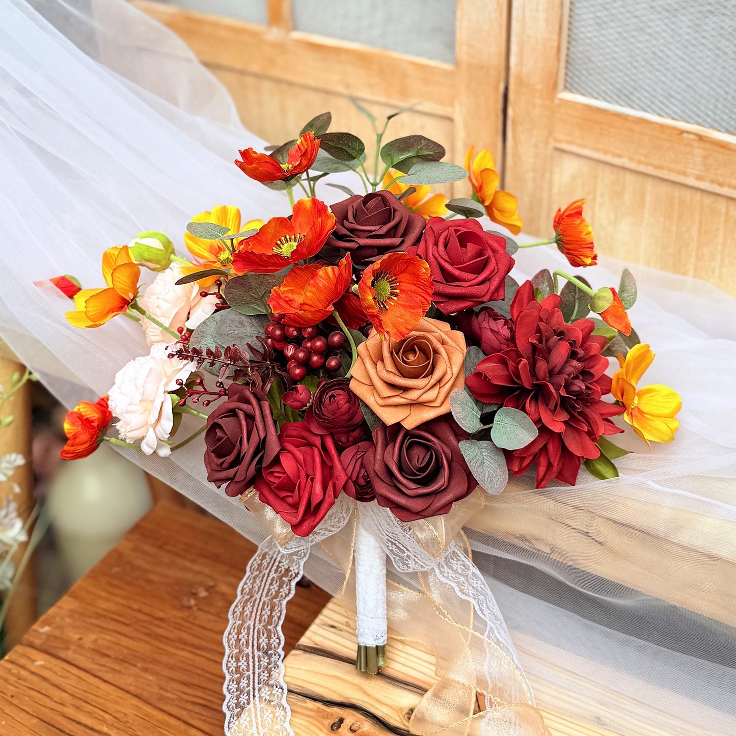 Fall Burgundy Red Wildflower Bouquet Collection - Boho Wildflower Bridal Bouquet, Foam Rose, Poppy, Peony, Eucalyptus, Berry, Dahlia