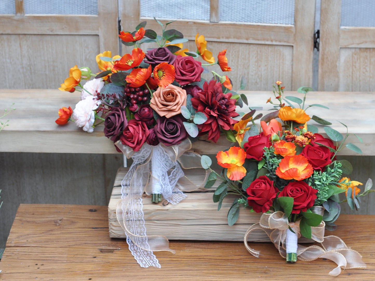 Fall Burgundy Red Wildflower Bouquet Collection - Boho Wildflower Bridal Bouquet, Foam Rose, Poppy, Peony, Eucalyptus, Berry, Dahlia