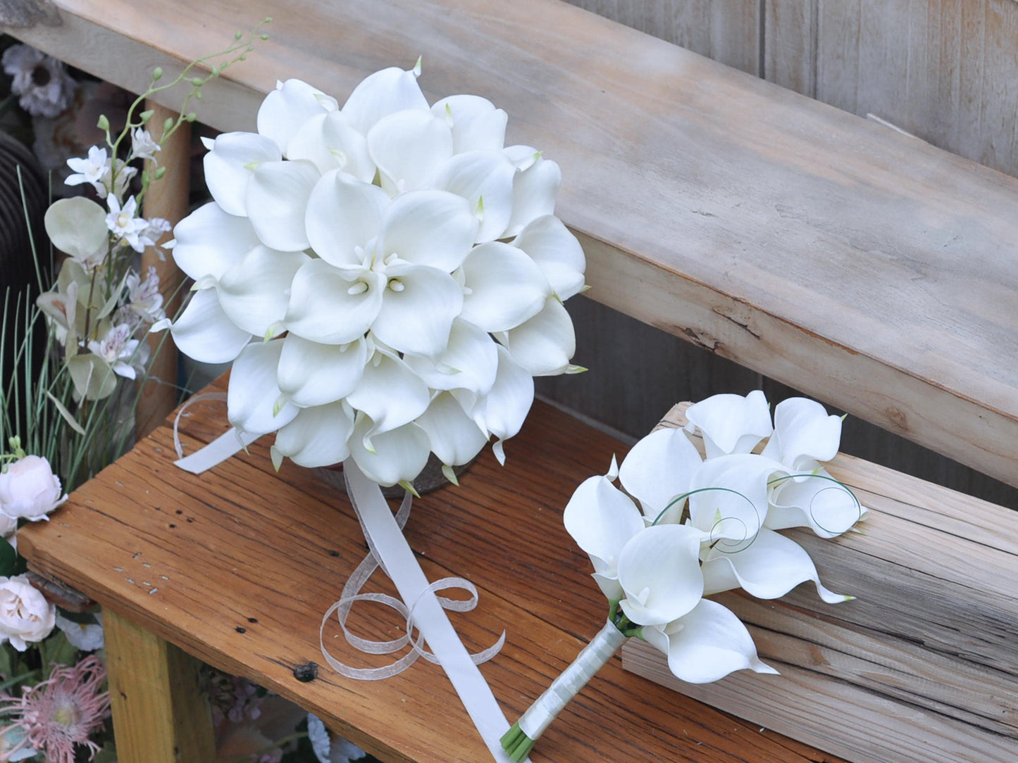 Real Touch Rustic White Calla Lily Bouquet, Pearl Center Calla Lily Bouquet, Choose Ribbon Color Bouquet, Bridesmaids Wedding Bouquet Set