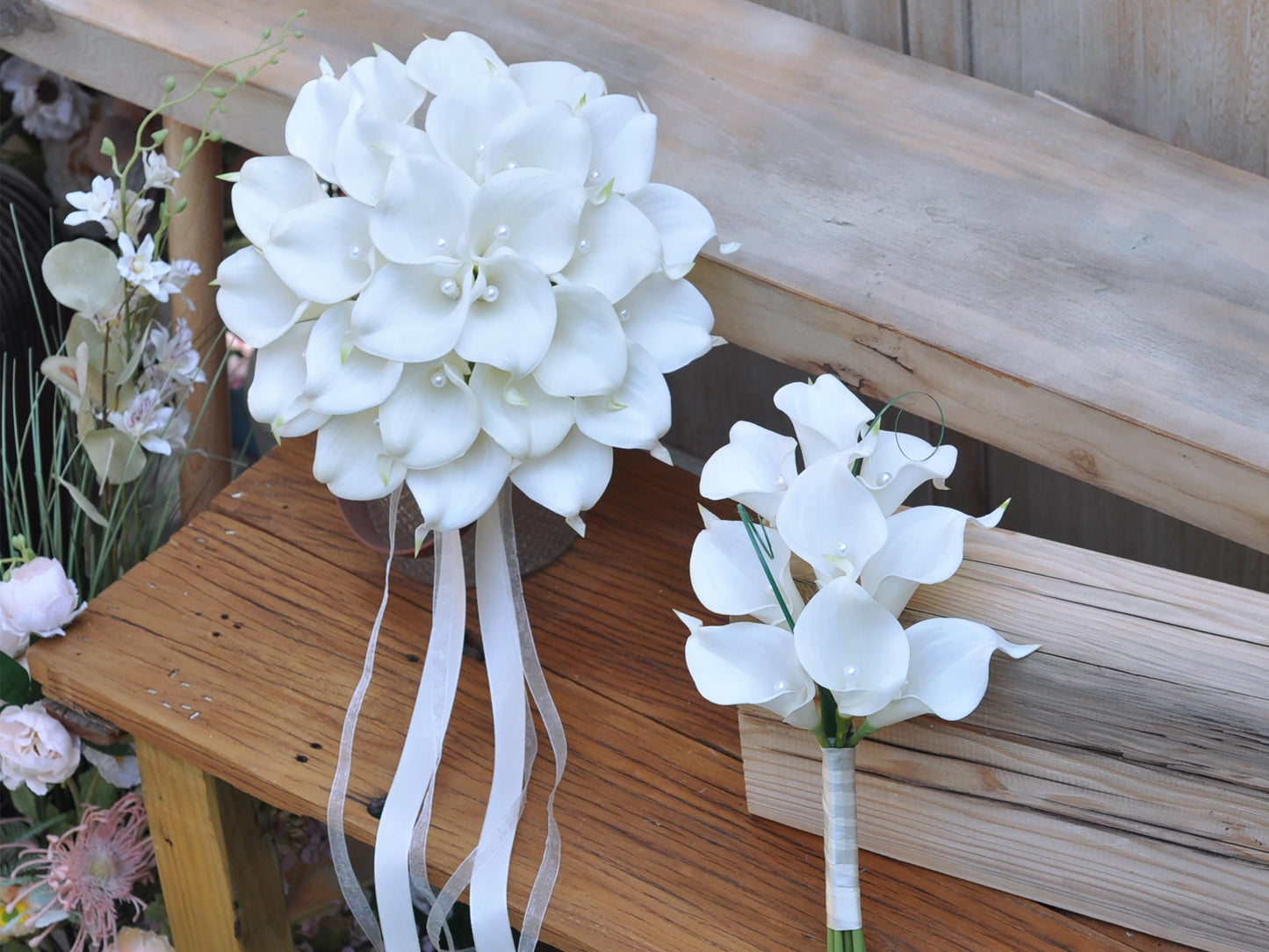 Real Touch Rustic White Calla Lily Bouquet, Pearl Center Calla Lily Bouquet, Choose Ribbon Color Bouquet, Bridesmaids Wedding Bouquet Set