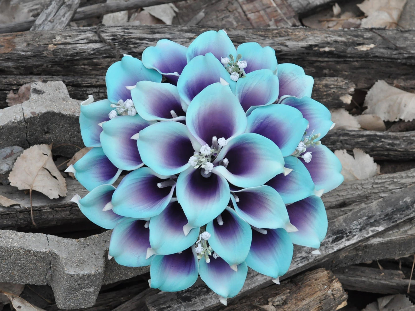 Cascade Purple Turquoise Blue Picasso Calla Lily Bridal Bouquet, Real Touch Spa Bridesmaid Bouquet, Boho Wedding Aqua Bouquet