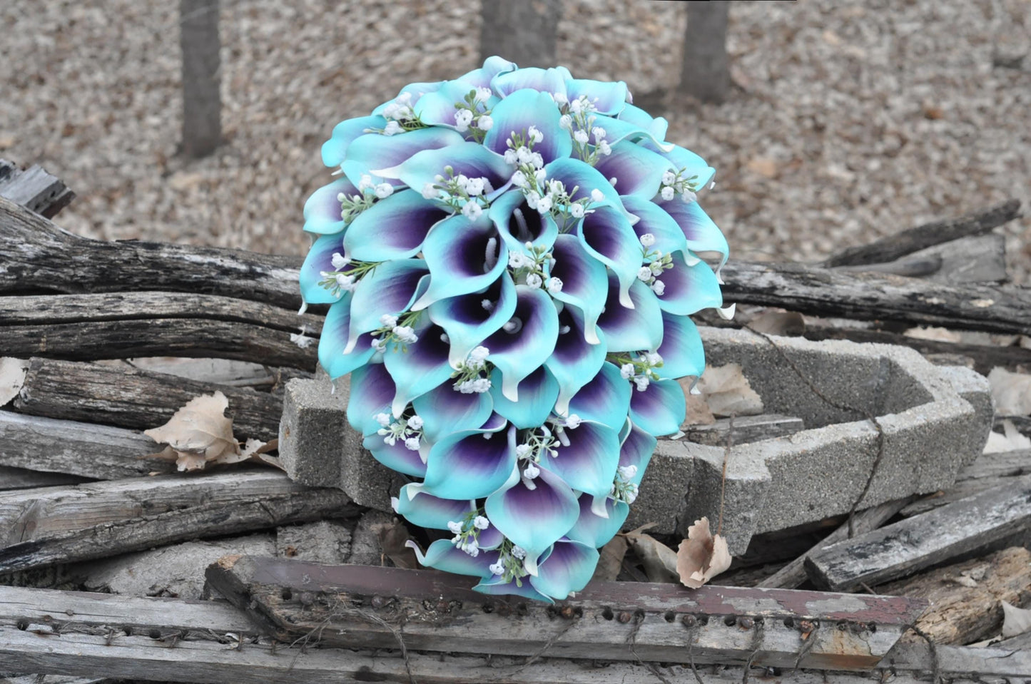 Cascade Purple Turquoise Blue Picasso Calla Lily Bridal Bouquet, Real Touch Spa Bridesmaid Bouquet, Boho Wedding Aqua Bouquet