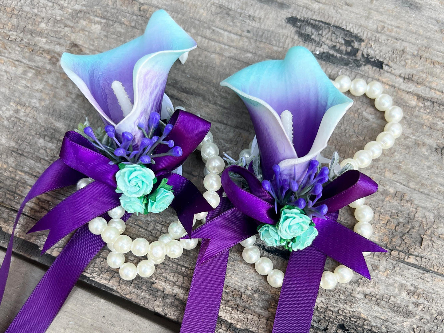 Cascade Purple Turquoise Blue Picasso Calla Lily Bridal Bouquet, Real Touch Spa Bridesmaid Bouquet, Boho Wedding Aqua Bouquet