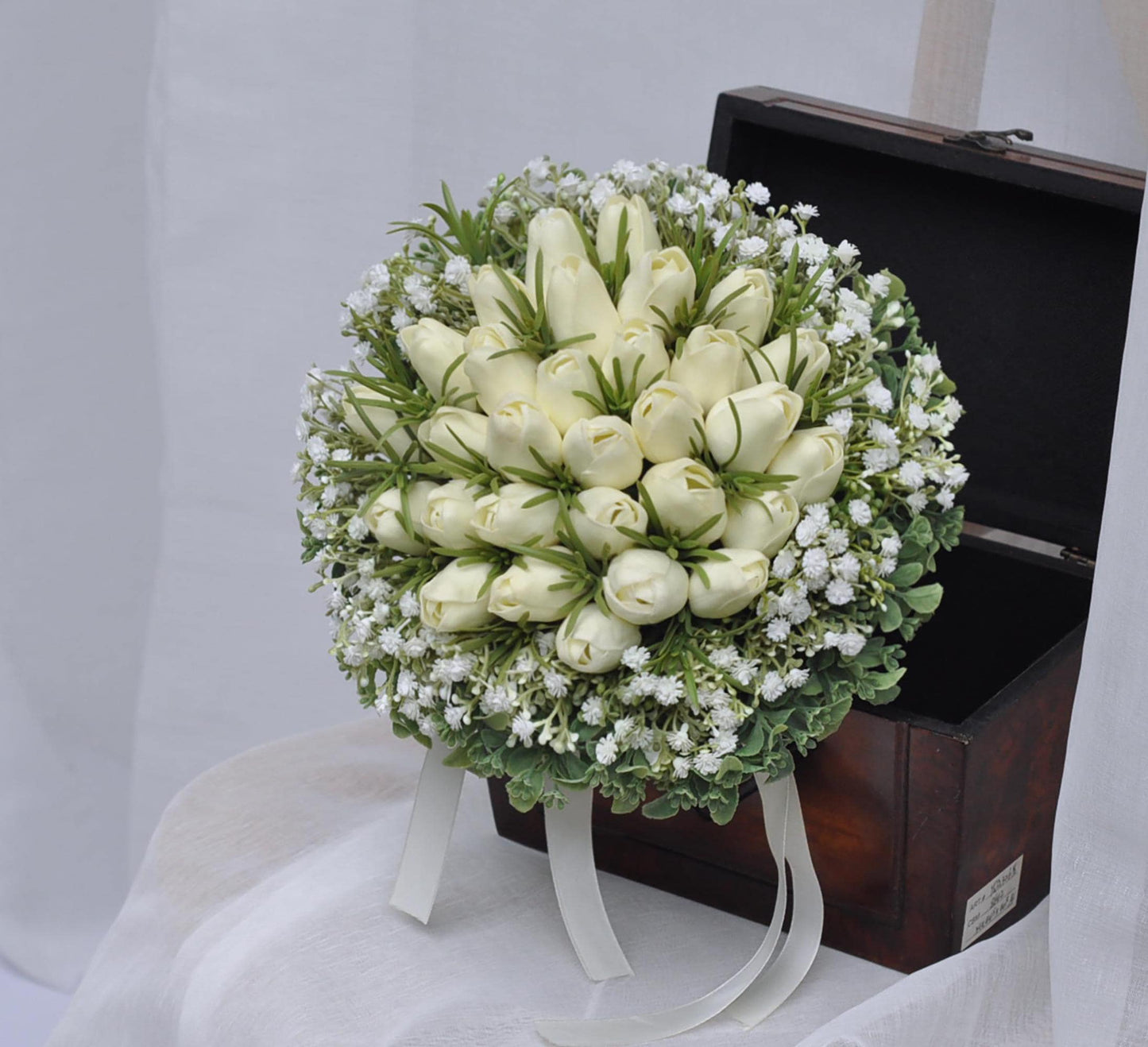 Real Touch Ivory White Tulip Bouquet, Baby's Breath Bouquet, Tulip Bridal Bouquet, Tulip Wedding Bouquet, Rustic Tulip Foliage Bouquet