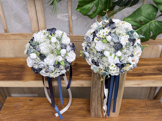 Vintage Blue Rose Bridal Bouquet, Navy Rose Peony Bridesmaid Bouquet, Retro Wedding Wildflower Boho Bouquet, Rustic Bridesmaid Bouquet