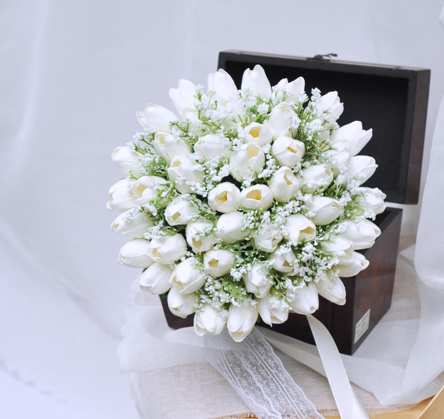 Elegant White Real Touch Tulip Bridal Bouquet Baby's Breath, Cream Tulip Bridesmaid Bouquet, Gift For Her, Wildflower Floral Arrangements