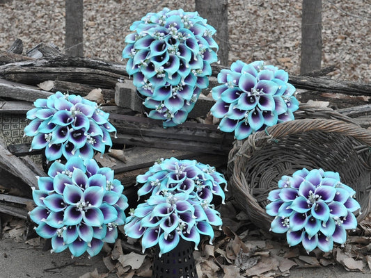 Cascade Purple Turquoise Blue Picasso Calla Lily Bridal Bouquet, Real Touch Spa Bridesmaid Bouquet, Boho Wedding Aqua Bouquet