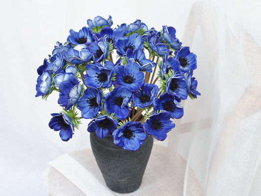 Royal Blue Anemones Stem,Navy Blue Anemones,White Anemones,DIY Anemones Flower Ornaments For Wedding Bouquet,Home Decor Office Bedroom Decor