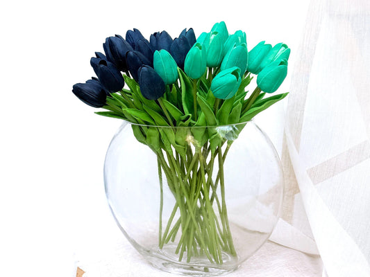 12 Pcs Real Touch Tulip Bouquet, Navy Tulip Bouquet, Teal-Pink Tulip Floral Arrangements for Home Decor, Table Centerpiece, Easter Ornaments