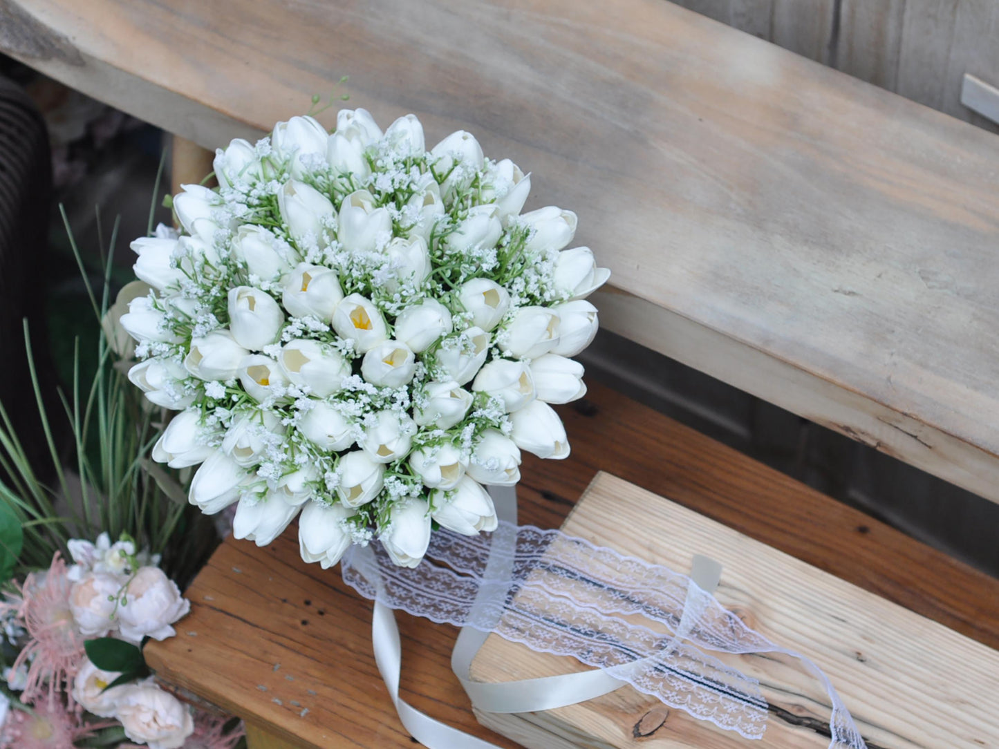 Elegant White Real Touch Tulip Bridal Bouquet Baby's Breath, Cream Tulip Bridesmaid Bouquet, Gift For Her, Wildflower Floral Arrangements