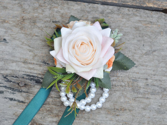 Real Touch Champagne Pink Rose Wrist Corsage, Real Touch Flower, Pearl Bracelet Corsage, Customized Ribbon for Wedding, Party, Anniversary