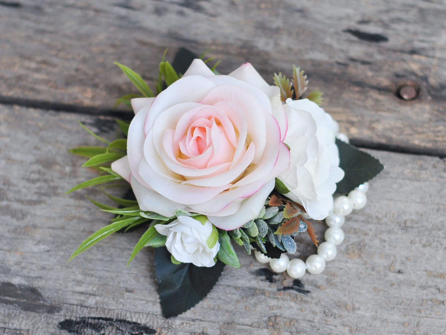 Rustic Real Touch Champagne Pink Rose Wrist Corsage, Real Touch Pearl Bracelet Mom, Boho Wedding Gift For Her, Anniversary Gift, Party Event