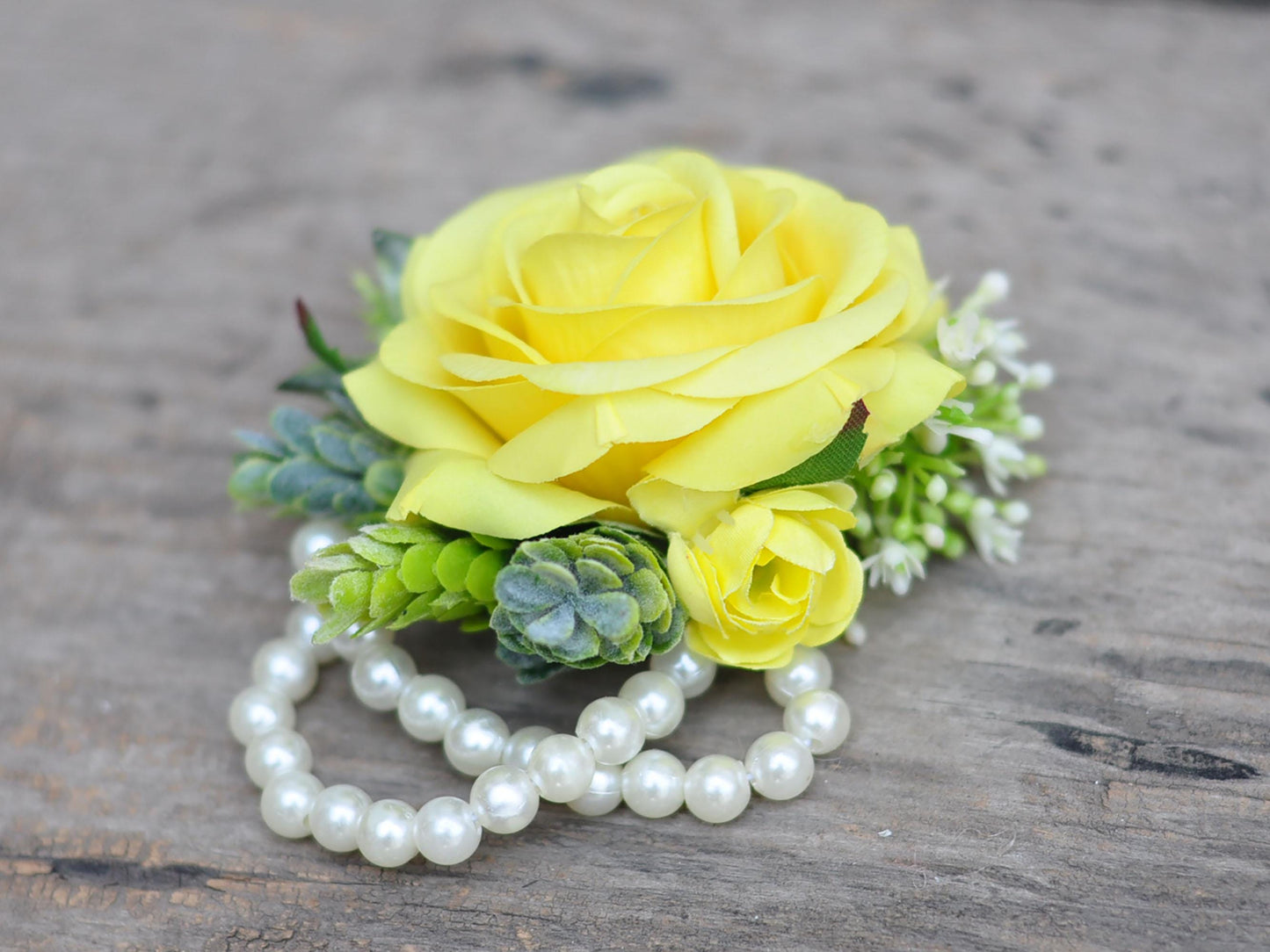 Real Touch Bright Yellow Rose Pearl Bracelet Wrist Corsage Gift For Her Mom, Wedding, Prom, Bride Shower, Baby Shower Gift, Boutonniere Gift