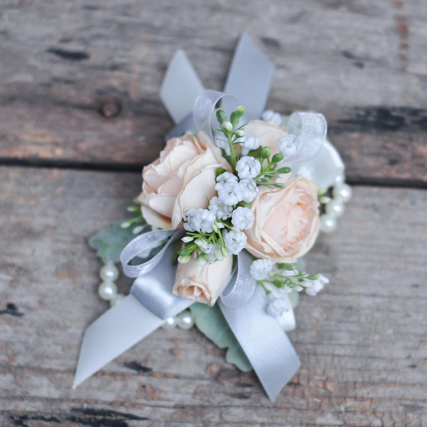 Wrist Champagne Rose Pearl Bracelet Corsage, Burnt Champagne Rose Boutonniere, Boho Wedding, Choose Ribbon, Gift for Her, Mom Corsage