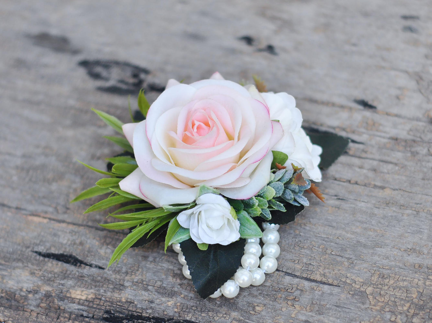 Personalized Real Touch Light Pink Rose Pearl Bracelet Wrist Corsage, Garden Wedding Gift, Bridesmaid Gift, Bridal Shower Gift, Boutonniere