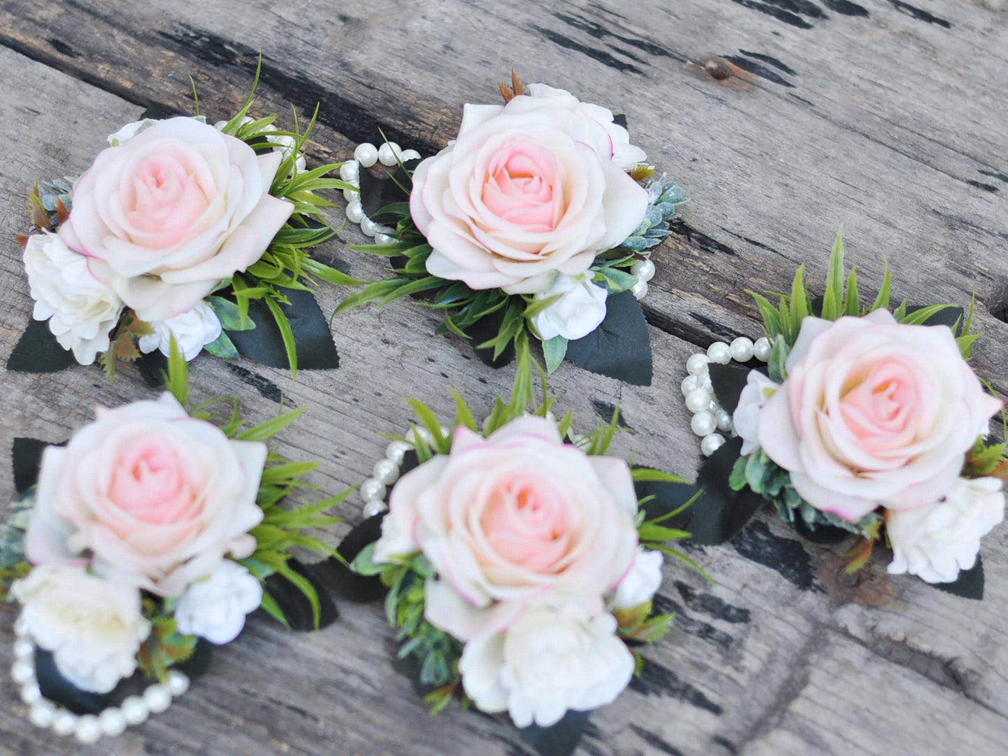 Personalized Real Touch Light Pink Rose Pearl Bracelet Wrist Corsage, Garden Wedding Gift, Bridesmaid Gift, Bridal Shower Gift, Boutonniere