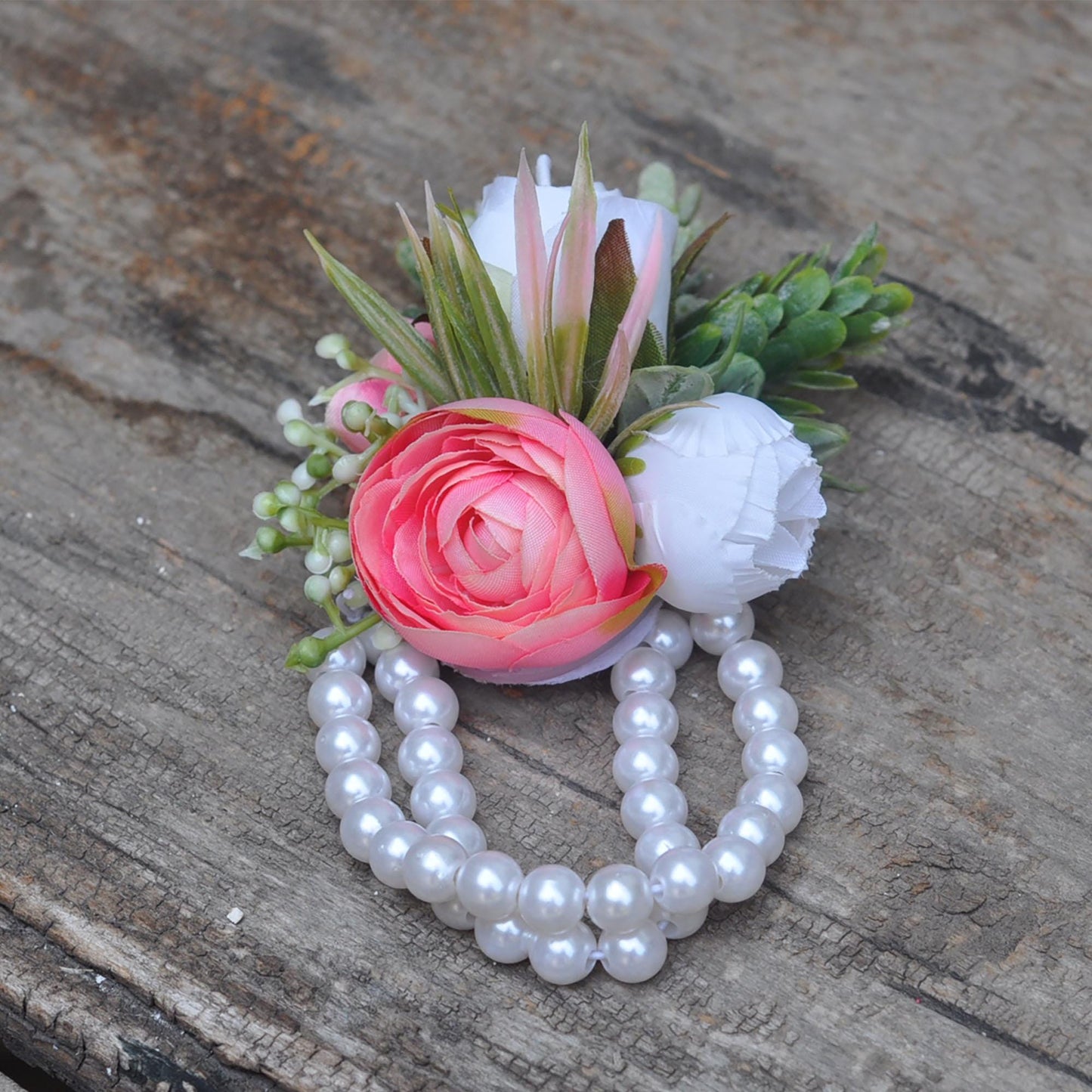 Personalized Hot Pink Rose Pearl Bracelet Wrist Corsage Prom Gift for Her Flower Girl, Outdoor Wedding, Bridal Accessories, Bridesmaid Gift