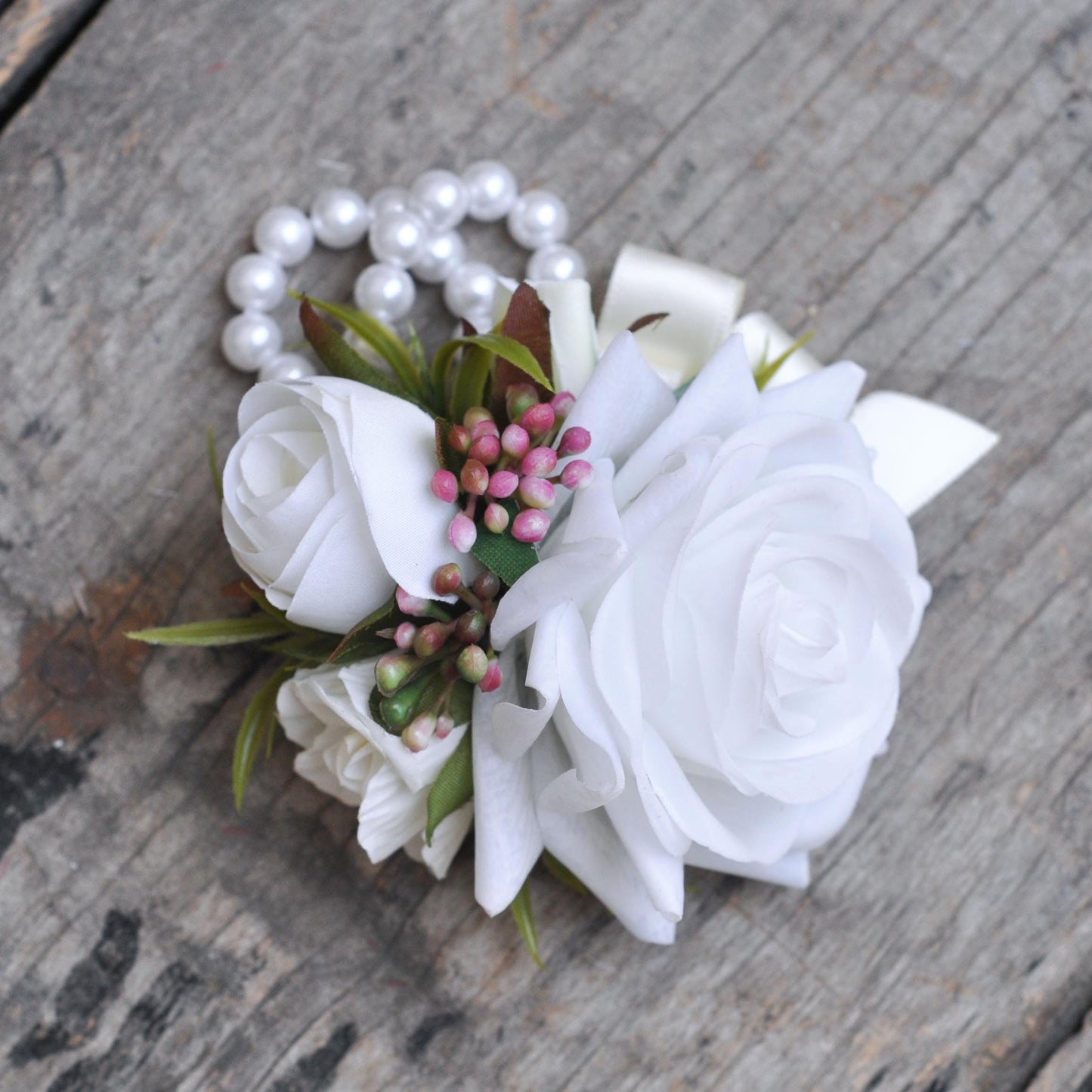 Real Touch White Rose Pearl Bracelet, Mom Wrist Corsage Bridesmaid Gift for Her, Prom, Elegant White Wedding Bridal Accessories, Boutonniere