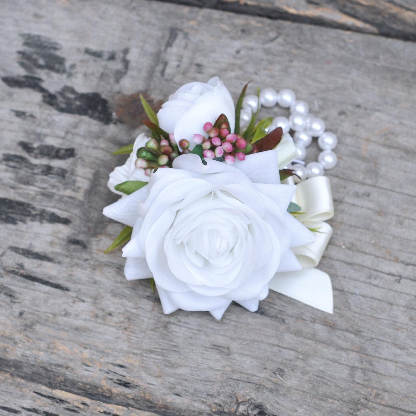 Real Touch White Rose Pearl Bracelet, Mom Wrist Corsage Bridesmaid Gift for Her, Prom, Elegant White Wedding Bridal Accessories, Boutonniere