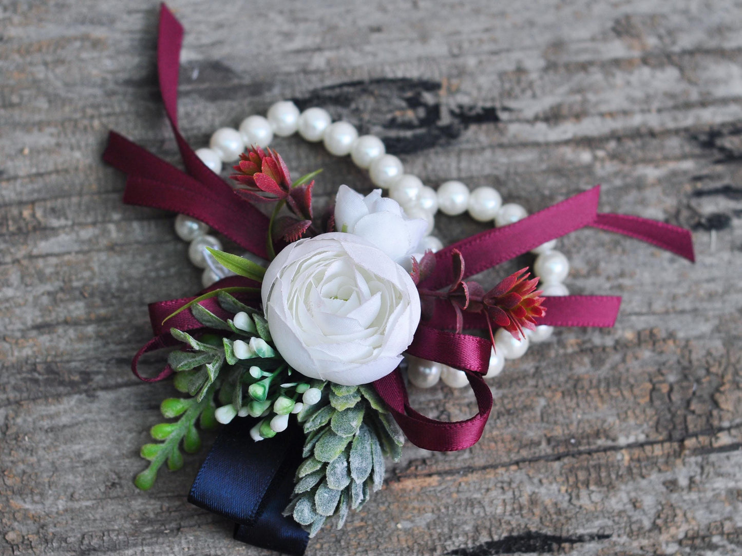 White Rose Pearl Bracelet Wrist Corsage Prom Gift for Her, Bridesmaid Gift, Burgundy Ribbon Tie Swag, Bridal Accessories, Boutonniere Gift