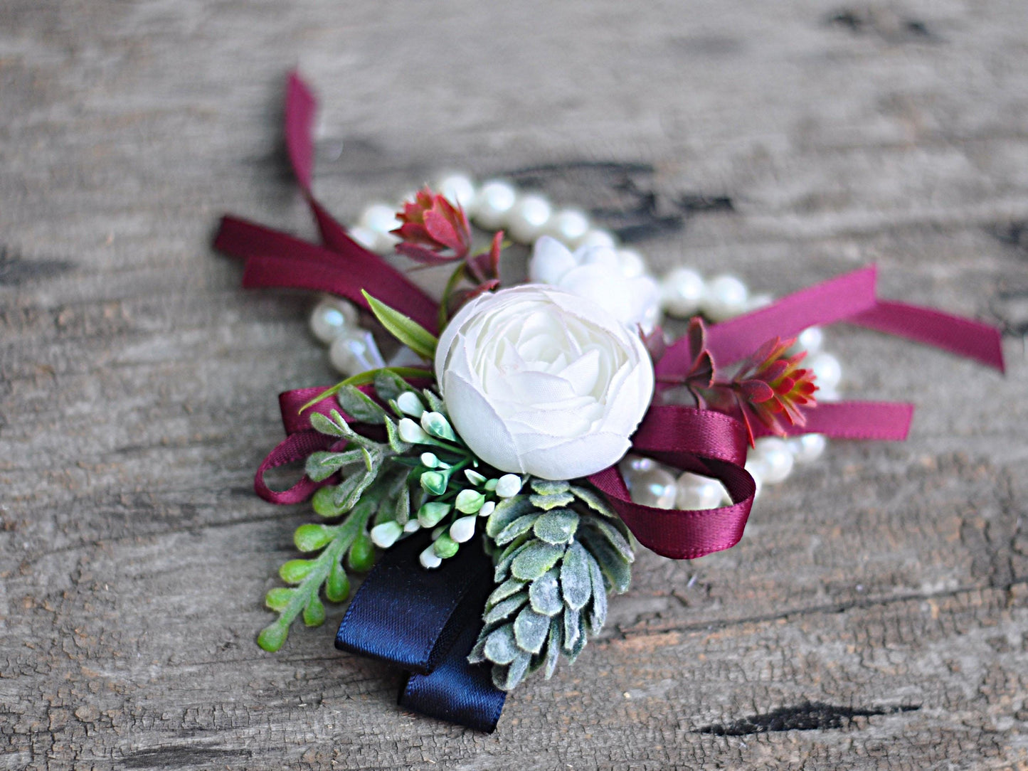 White Rose Pearl Bracelet Wrist Corsage Prom Gift for Her, Bridesmaid Gift, Burgundy Ribbon Tie Swag, Bridal Accessories, Boutonniere Gift