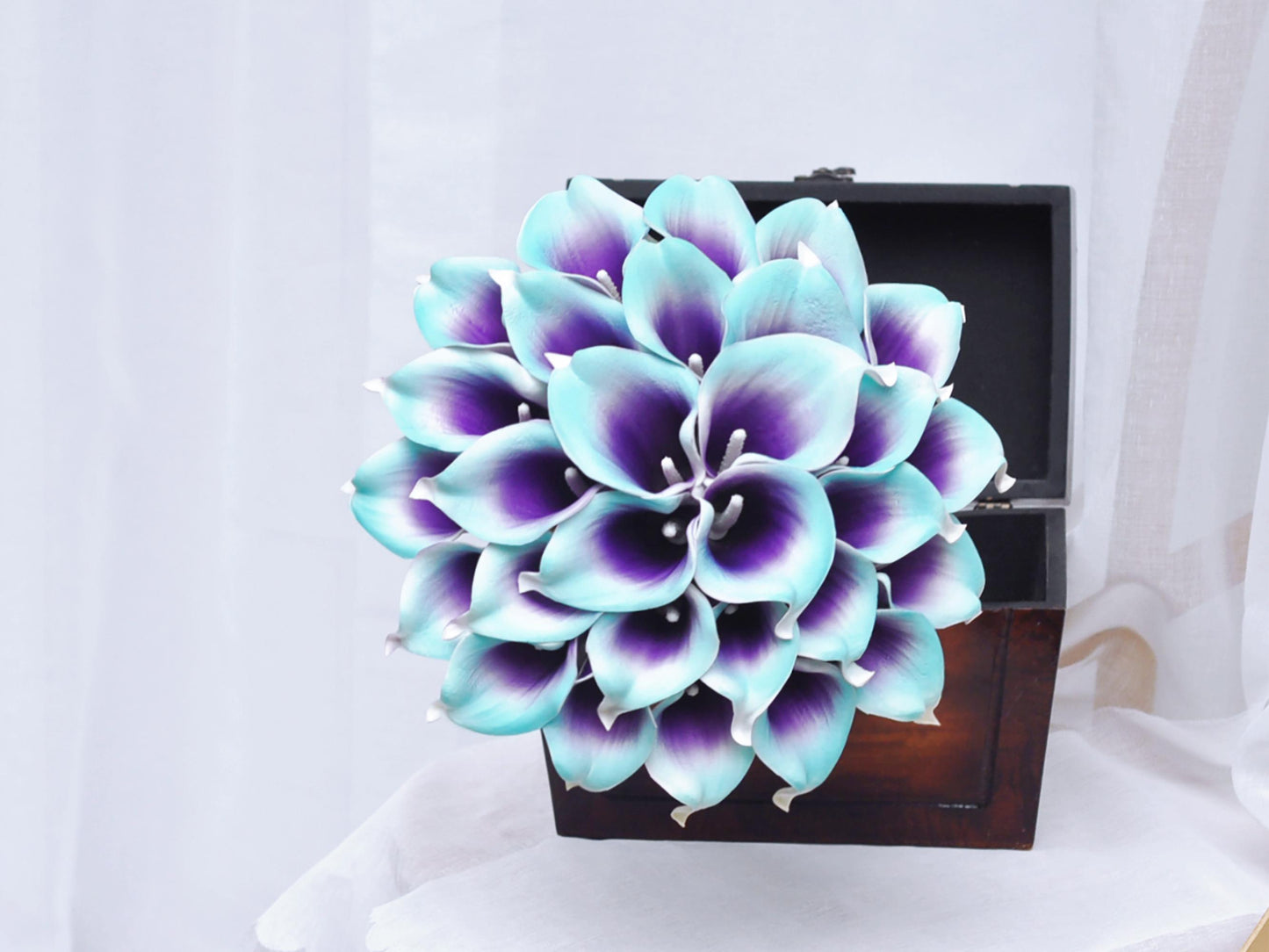 Purple-Turquoise Blue Calla Lily Bridal Bouquet, Turquoise Blue Calla Lily Bridesmaid Bouquet, Real Touch Boho Calla Lily Bouquet Gift Box