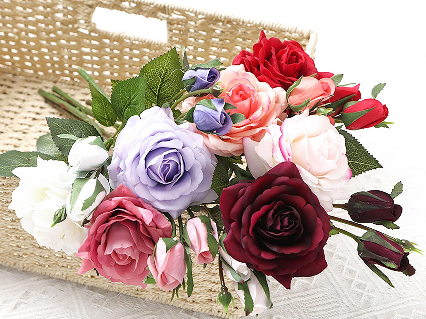 Burgundy Rose Posy Branch, Flesh Pink Two Heads Real Touch Rose Branch, Rouge Rose Flower for Home, Bath, Office, Table, Wedding Bouquet DIY