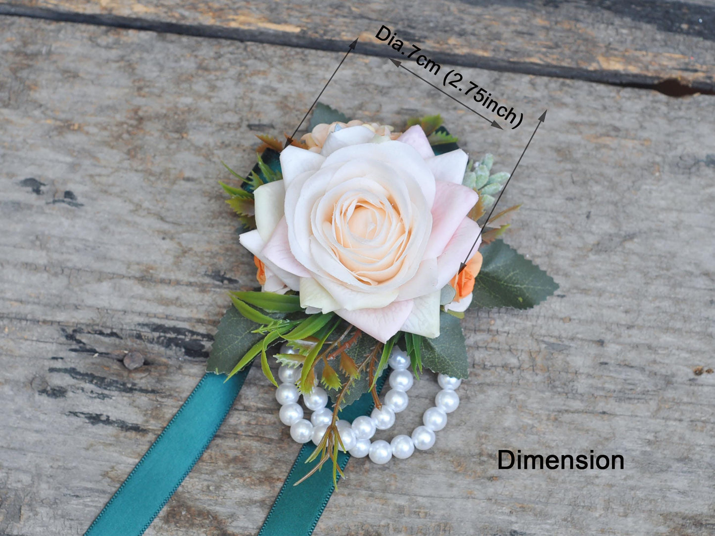 Real Touch Champagne Pink Rose Wrist Corsage, Real Touch Flower, Pearl Bracelet Corsage, Customized Ribbon for Wedding, Party, Anniversary
