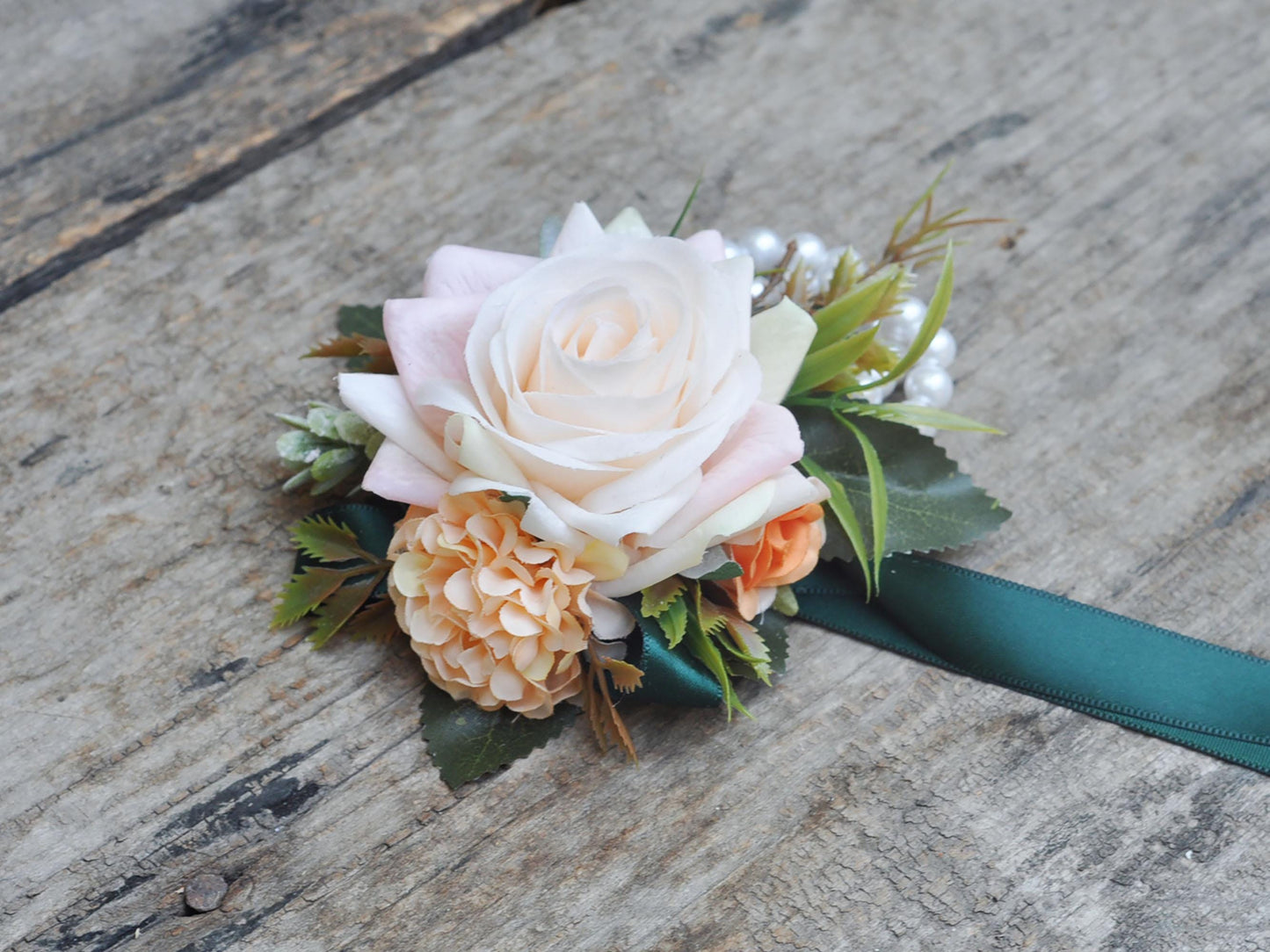 Real Touch Champagne Pink Rose Wrist Corsage, Real Touch Flower, Pearl Bracelet Corsage, Customized Ribbon for Wedding, Party, Anniversary