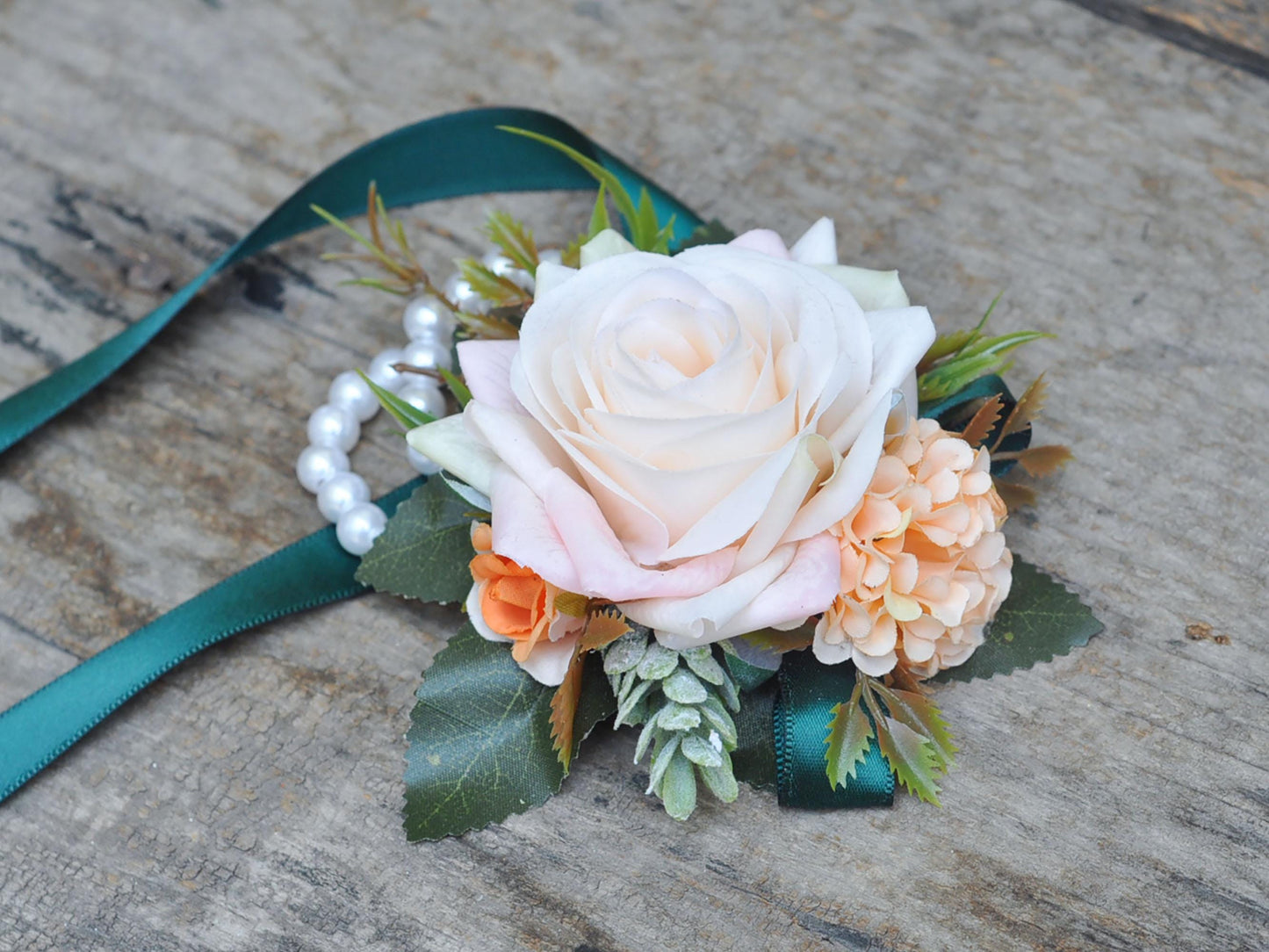 Real Touch Champagne Pink Rose Wrist Corsage, Real Touch Flower, Pearl Bracelet Corsage, Customized Ribbon for Wedding, Party, Anniversary