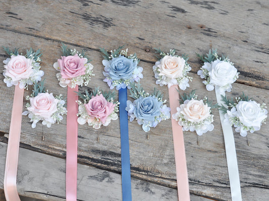 Multi-Color Rose Ribbon Corsage, Silk Blush White, Grey Blue Rose Flower Boutonniere Anniversary, Customized Ribbon Theme for Wedding, Party