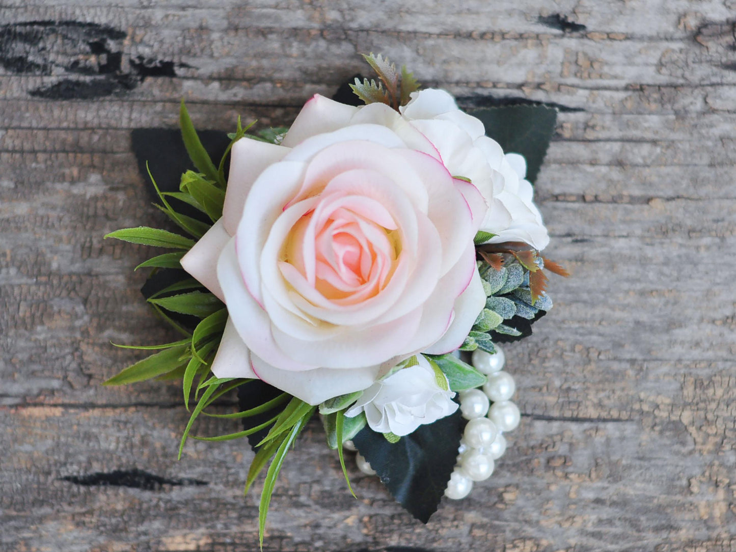 Rustic Real Touch Champagne Pink Rose Wrist Corsage, Real Touch Pearl Bracelet Mom, Boho Wedding Gift For Her, Anniversary Gift, Party Event