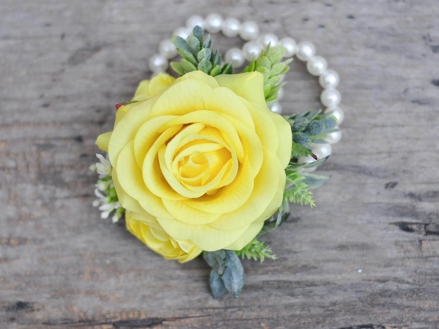 Real Touch Bright Yellow Rose Pearl Bracelet Wrist Corsage Gift For Her Mom, Wedding, Prom, Bride Shower, Baby Shower Gift, Boutonniere Gift