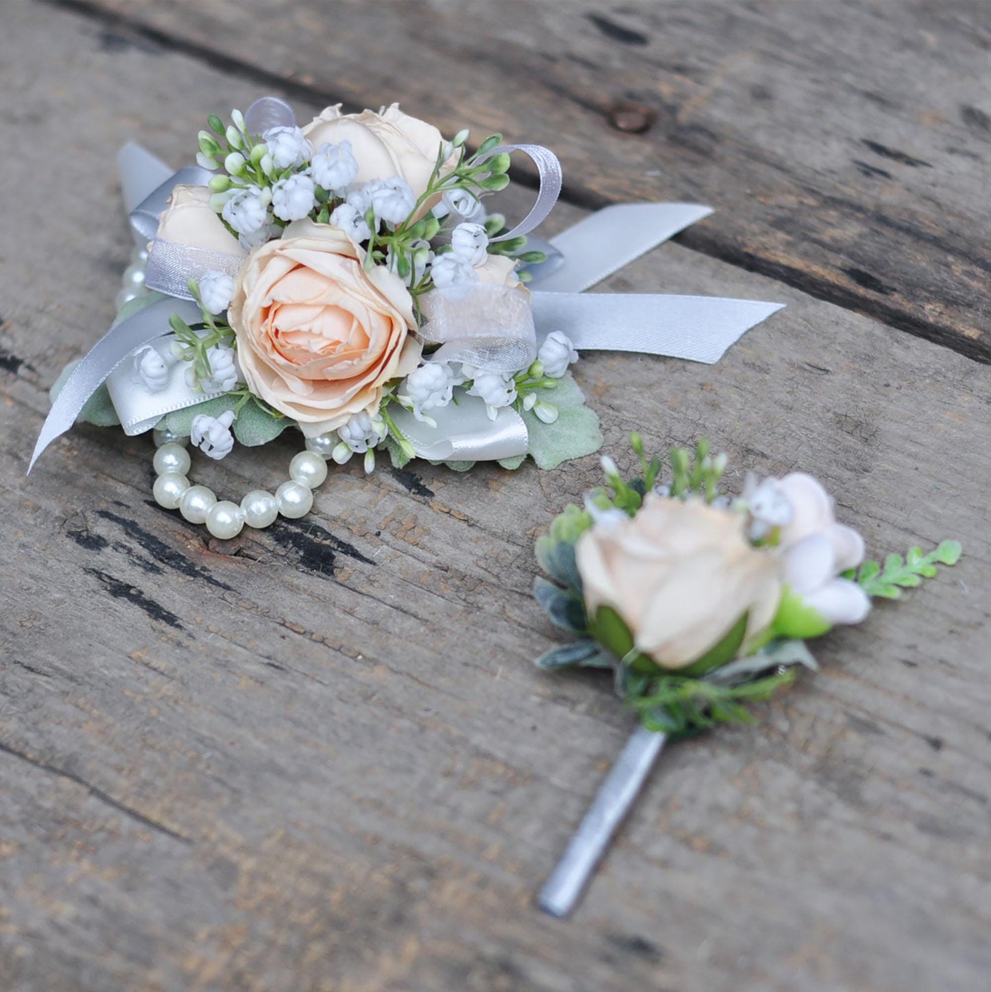 Wrist Champagne Rose Pearl Bracelet Corsage, Burnt Champagne Rose Boutonniere, Boho Wedding, Choose Ribbon, Gift for Her, Mom Corsage