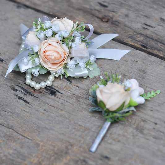 Wrist Champagne Rose Pearl Bracelet Corsage, Burnt Champagne Rose Boutonniere, Boho Wedding, Choose Ribbon, Gift for Her, Mom Corsage