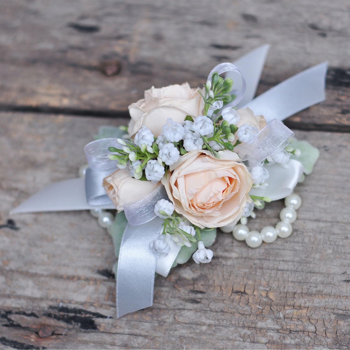 Wrist Champagne Rose Pearl Bracelet Corsage, Burnt Champagne Rose Boutonniere, Boho Wedding, Choose Ribbon, Gift for Her, Mom Corsage