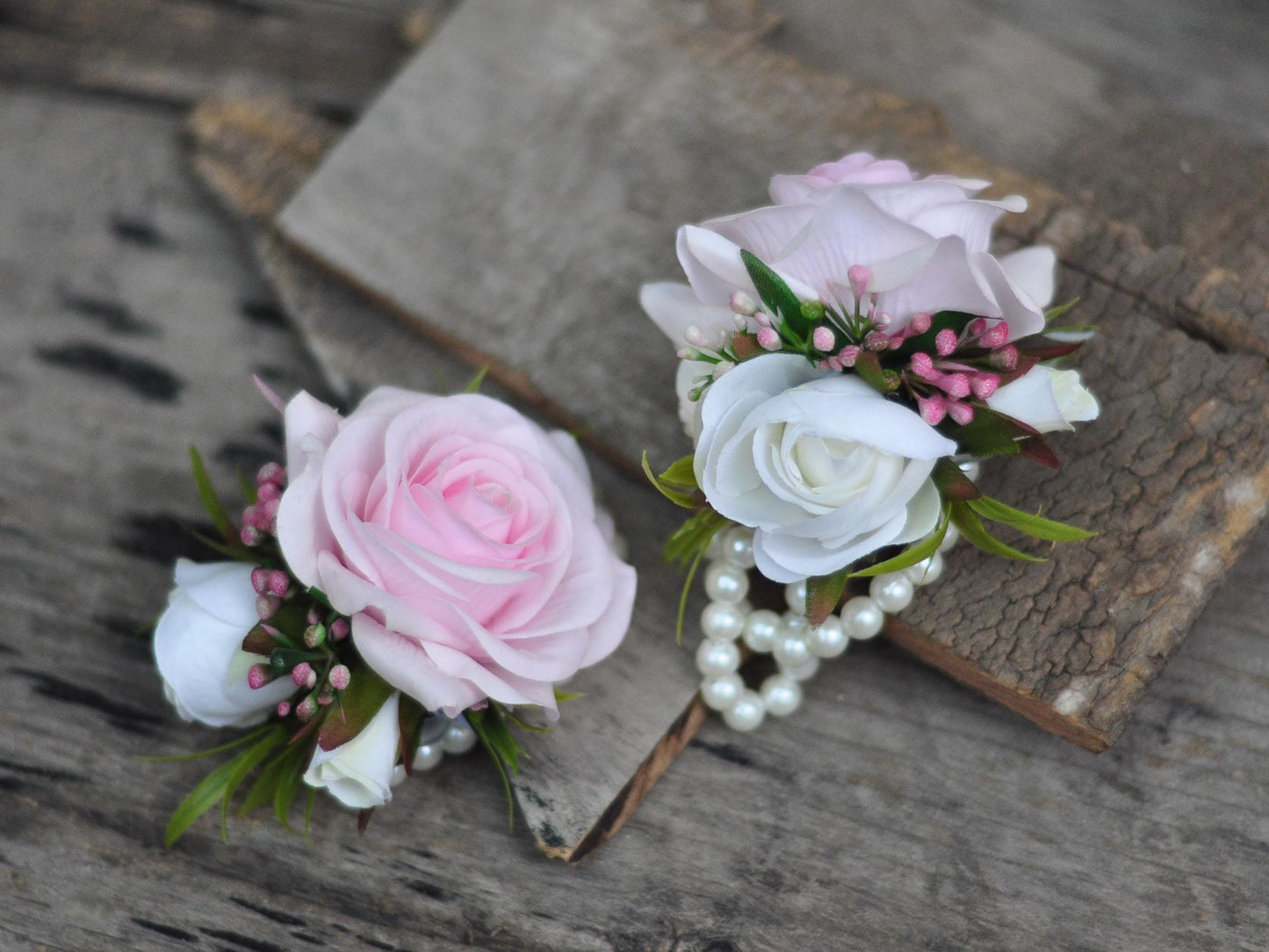 Touch Light Pink Rose Pearl Bracelet Wrist Corsage Bridesmaid Gift for Her, Mom, Rustic Wedding Bridal Accessories, Prom Boutonniere