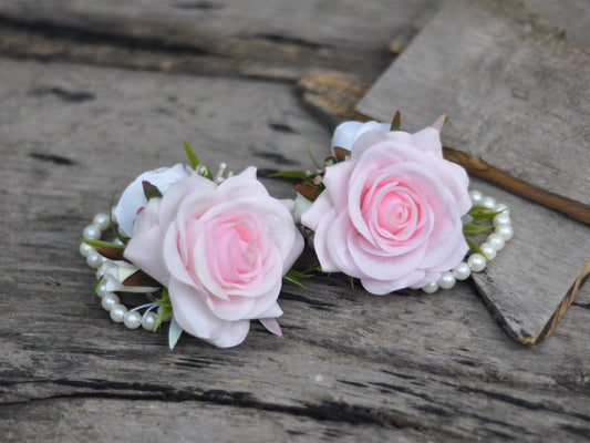 Touch Light Pink Rose Pearl Bracelet Wrist Corsage Bridesmaid Gift for Her, Mom, Rustic Wedding Bridal Accessories, Prom Boutonniere