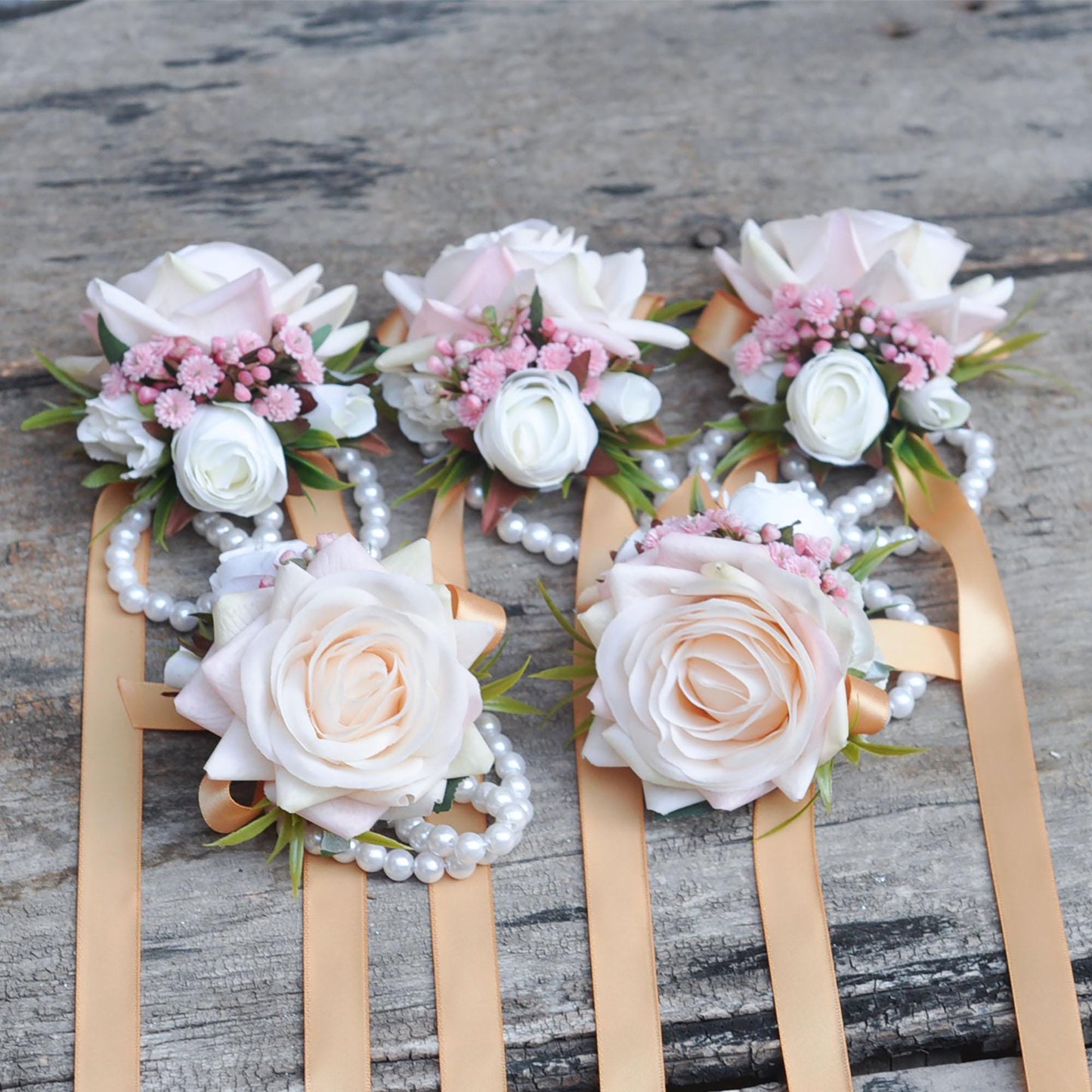 Personalized Champagne Pink Rose Pearl Bracelet Wrist Corsage, Bridesmaid Gift for Her, Mom, Bridal Accessories, Best Man Boutonniere Prom
