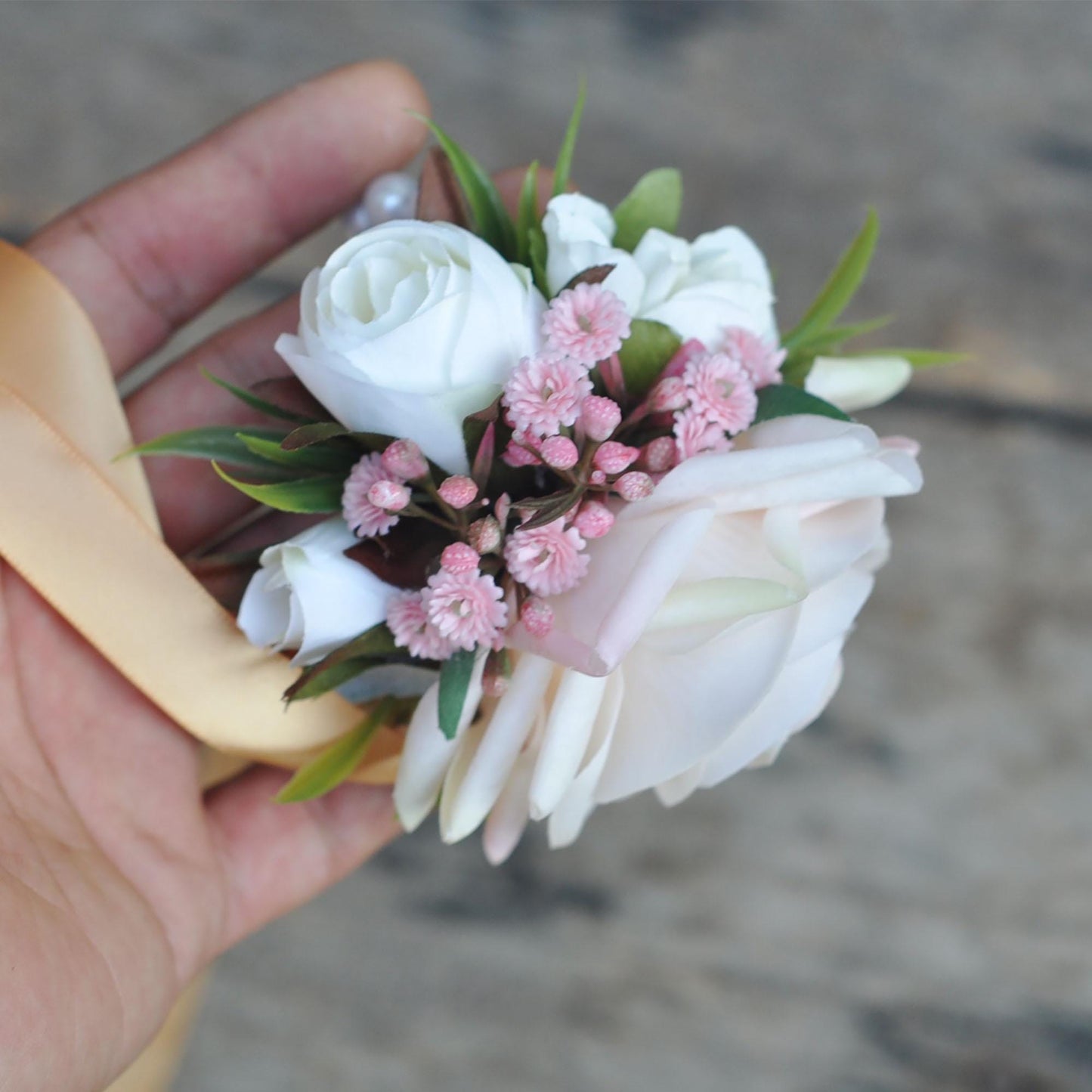 Personalized Champagne Pink Rose Pearl Bracelet Wrist Corsage, Bridesmaid Gift for Her, Mom, Bridal Accessories, Best Man Boutonniere Prom