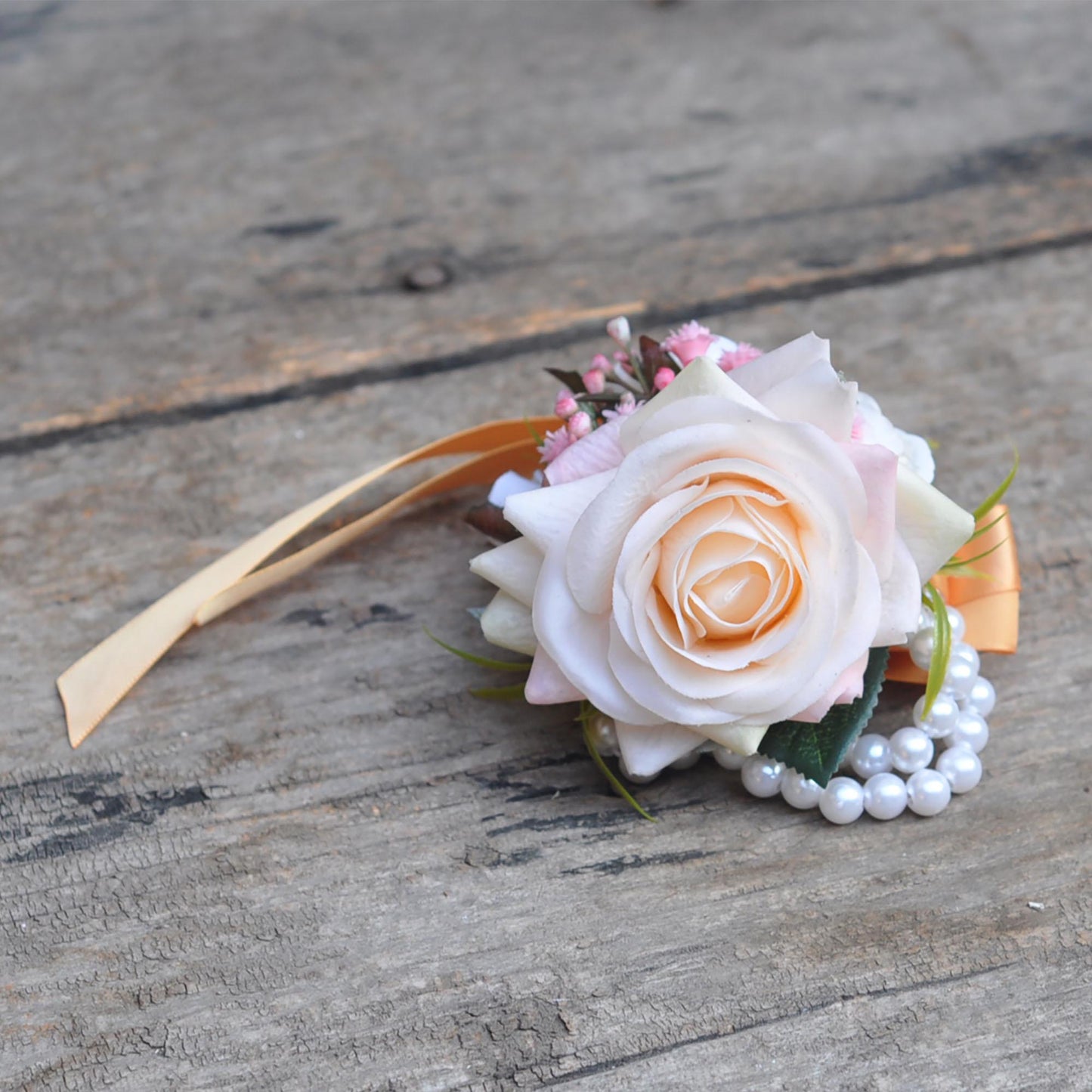 Personalized Champagne Pink Rose Pearl Bracelet Wrist Corsage, Bridesmaid Gift for Her, Mom, Bridal Accessories, Best Man Boutonniere Prom