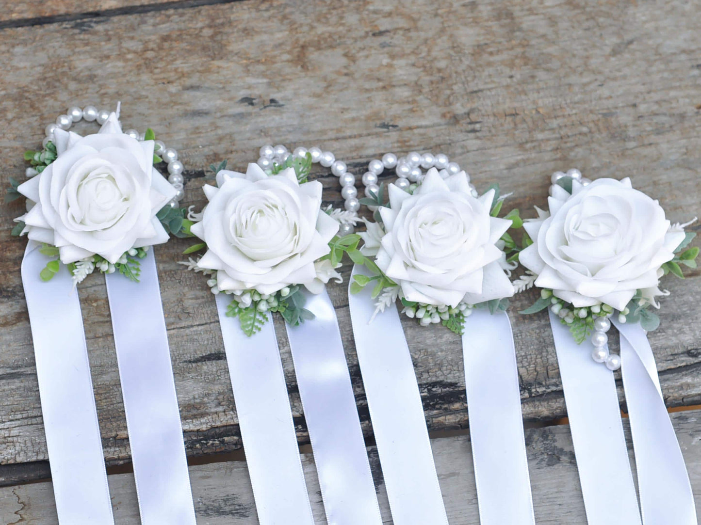 White Rose Pearl Wrist Bracelet, Real Touch Ribbon Corsage, Bridesmaid Gift for Her, Mom, Wedding Bridal Accessories, Best Man Boutonniere