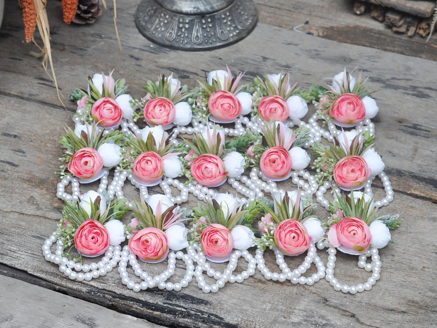 Personalized Hot Pink Rose Pearl Bracelet Wrist Corsage Prom Gift for Her Flower Girl, Outdoor Wedding, Bridal Accessories, Bridesmaid Gift